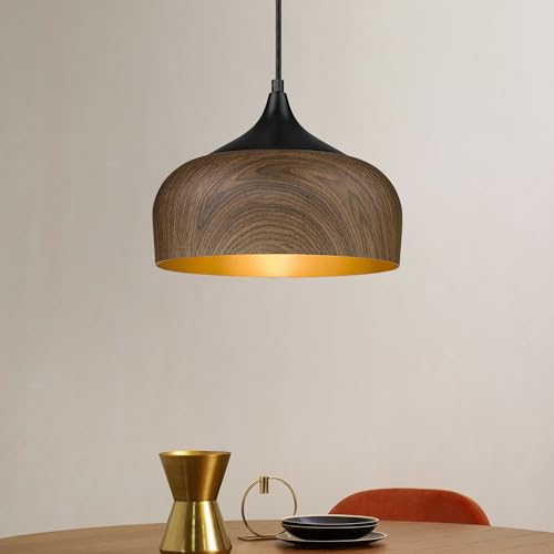 ELYONA Modern Bauhaus Pendant Light Walnut Wooden Pattern Dome Pendant Light Fixture Matte Black Metal Gold Inner Adjustable Hanging Lighting for Kitchen Island Dining Room Office Hallway Bedroom - color: Walnut & Black