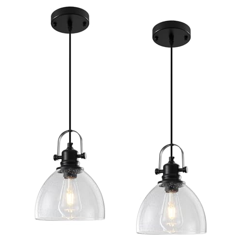 Black Pendant Lights Kitchen Island 2 Pack, 7.5" Seeded Glass Pendant Lights, Vintage Industrial Pendant Light Kitchen Island, Farmhouse Pendant Lighting for Kitchen, Dining Room, Bar, Cafe - color: Seeded Glass-Black+Cord, size: 2-Pack