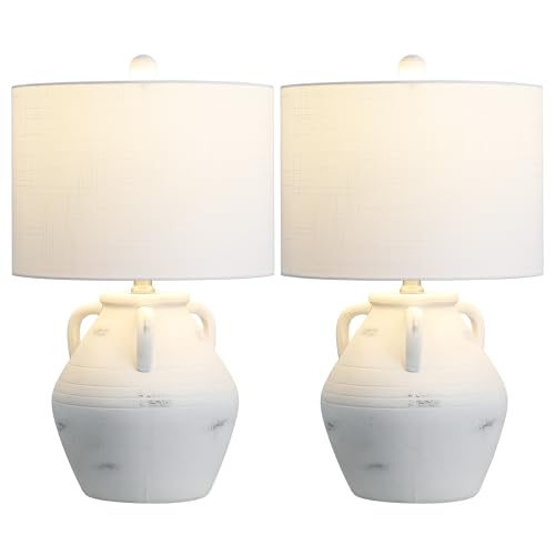 JONATHAN Y 20.5" White Ceramic Pottery Jar Table Lamp Set of 2 for Bedroom Living Room, Rustic Coastal French Country Cottage Style, White Linen Shade, LED Bulbs Included JYL5502A-SET2