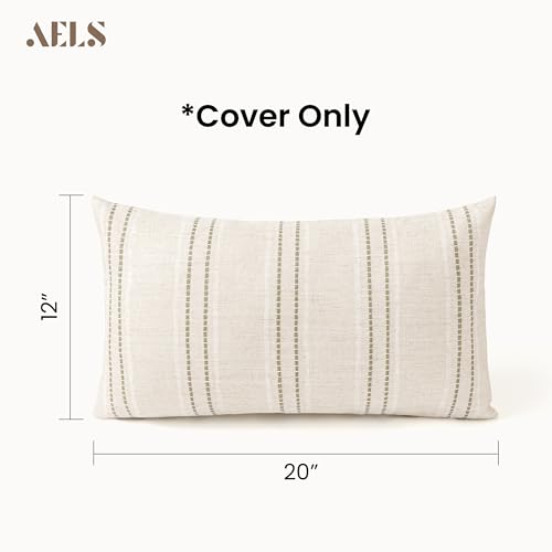 AELS 12x20 Decorative Farmhouse Linen Blend Throw Pillow Covers, Boho Textured Pillow Case, Set of 2, Beige with White & Brown Stitch Yarn Dyed Stripe Cushion Cover for Sofa Living Room (Cover ONLY) - color: Beige With White & Brown, size: 20" x 12" (Pack