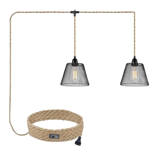 2-Light Plug in Pendant Light with Black Metal Cage Lampshade Ø20cm, E26/E27 Hemp Rope Vintage Hanging Lights Kit with Plug in Cord 19.68ft for Dining Room Living Room, No Bulb - color: 2-Light Hemp Rope with Shade