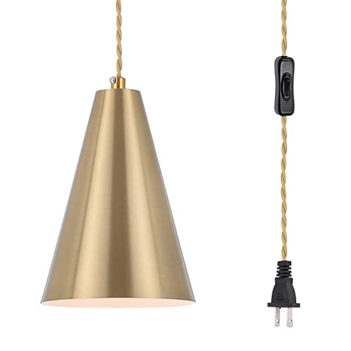 Gold Plug In Pendant Light,Hanging Lights With Plug In Cord On/Off Switch, Mini Brass Pendant Lights for Kitchen Island,Modern Chandeliers Light Fixture with Metal Shade,Hanging Lamps for Bedroom - color: 1Pack gold-Plug in