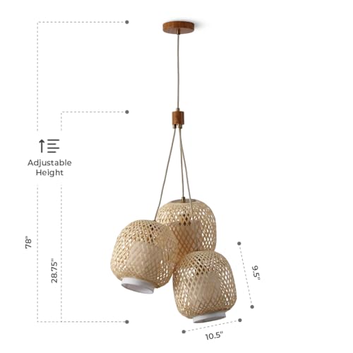 FOS - Modern Bohemian 3-Light Cluster Pendant in Brushed Brass with Woven Bamboo Spherical Shades, 78 in. Cord for Dining Table, Kitchen, Coffee Table, Nursery, Bedroom, Living Room - color: Fos - 3 Light