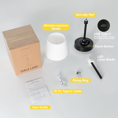 Kakanuo Rechargeable Cordless Table Lamp Black - 1 Pack 4000mAh Battery Operated Lamp, 3000K Warm Light, Touch Control Stepless Dimming, for Bedside, Dining Table, Home Decor - color: Black, size: 1 Pack - 15.6in