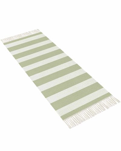 Sage Green Stripes Kitchen Runner Rug 2'x4', Washable Woven Cotton Area Rug with Tassels Bathroom Hallway Rug, Farmhouse White Simple Vertical Striped Entryway Bedroom Rug Non Slip Throw Rug Carpet - color: Sage Green, size: 2 x 4 ft