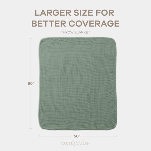 Comfy Cubs Muslin Throw Blanket - 50” x 60” Quilted Design - Lightweight, Breathable 6-Layer Gauze Fabric - Soft Cotton Blanket for Home or Travel - Packaged in Elegant Gift Box - Fern - color: Fern, size: Throw - 50" X 60"