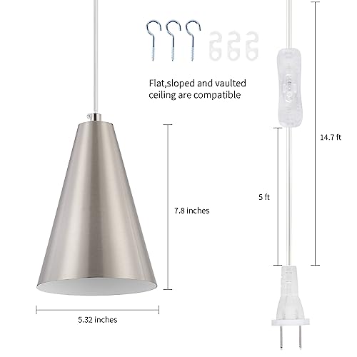 Brushed Nickel Plug In Pendant Light,Hanging Lights with Plug In Cord On/Off Switch, Mini Silver Pendant Lights for Kitchen Island,Modern Chandelier with Metal Shade,Hanging Lamps for Bedroom - color: 1Pack Brushed Nickel-Plug in