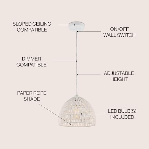 JONATHAN Y 10.25" White Modern Bohemian Woven Rope LED Pendant Light Fixture, Adjustable Dome Ceiling Lamp for Kitchen Island, Rope Shade, Coastal Farmhouse Decor (JYL6513A) - color: White, size: 10.25"