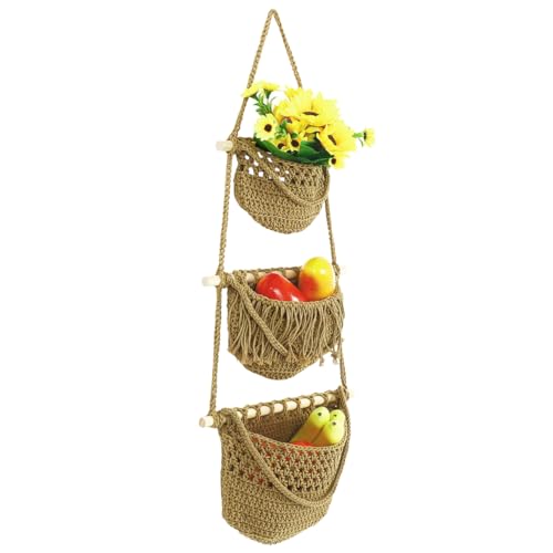 Cabilock 3 Tier Hanging Fruit Basket for Kitchen - Boho Macrame Woven Wall Storage for Onion and Potato, Space-Saving Cotton Rope Produce Organizer for Pantry & Bathroom