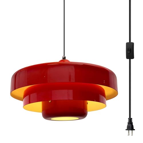 Hanging Lamp Plug in Red Pendant Light Fixtures Mid Century Modern Pendant Lamp Nordic Style Pendant Lighting Metal Shade for Living Room Dining Room Bedroom Kitchen Island - color: Standard-Red (13.5in)