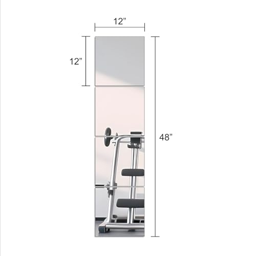 Ruomeng Full Length Wall Mirror Tiles, 12" x 12" x 4Pcs Frameless Wall Mounted Mirror Glass Wall Mirror for Home Gym, Door, Bedroom, Living Room - size: 12"x12"-4pcs