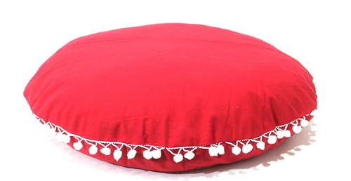 Round Mandala Floor Pillow Cover Seating Cushion Throw Cover Hippie Decorative Bohemian Ottoman Pouf Cover, Pom Pom Pillow Cases,Boho Indian (Red, 32" Round) - color: Red, size: 32"D x 4"W x 32"H