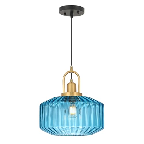 11.8in Mid Century Modern Pendant Light, Gold Large Blue Glass | Vintage Lighting Fixture Ceiling Hanging Lamp for Kitchen Island Foyer Dining Room Bedroom Entryway Hallway Over Sink Table - color: Blue & Gold Hardwire, size: 11.8in