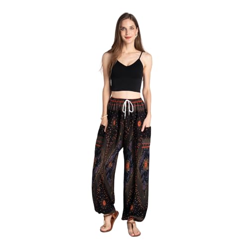Tranquil Threads Women's Harem Pants with Pockets and Drawstring, Hippie Boho Yoga Clothes - color: Black Feather, size: X-Small