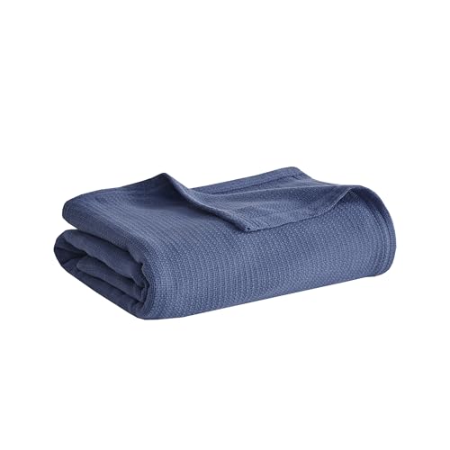 Madison Park Freshspun Basketweave Luxury Cotton Blanket Navy 108x90" King Size Basketweave Premium Soft Cozy 100% Cotton For Bed, Couch or Sofa - color: Navy, size: King