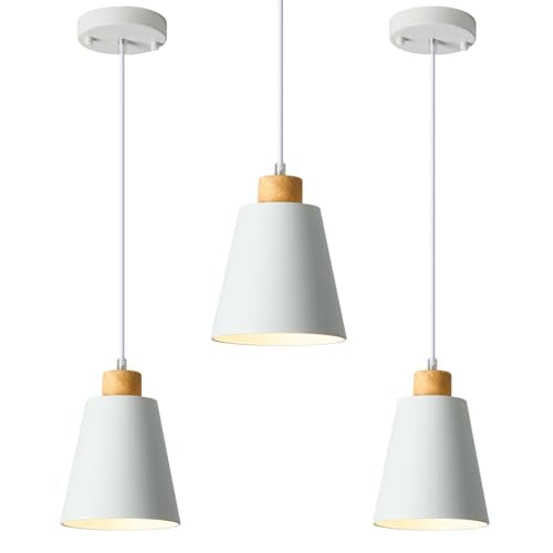 3 Pack Mini White Pendant Light Kitchen Island Modern Wood Pendant Lighting Cone Hanging Lights Hollow Top Nordic Island Light for Counter, Bar, Hallway - color: White 3-PACK