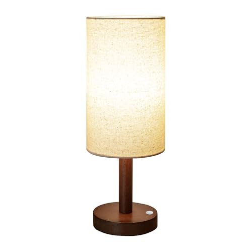 LALISU Cordless Table Lamp, 3 Color Dimming Portable Battery Lamp, Touch Control Wood Base Small Bedside Lamps for Night Stands, Living Room, Office(LED Bulb Included) (Cordless Wood Base) - color: Beige Shade+Cordless Wood Base