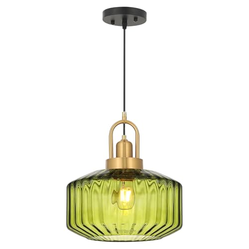 11.8in Mid Century Modern Pendant Light, Gold Large Green Glass | Vintage Lighting Fixture Ceiling Hanging Lamp for Kitchen Island Foyer Dining Room Bedroom Entryway Hallway Over Sink Table - color: Green & Gold Hardwire, size: 11.8in