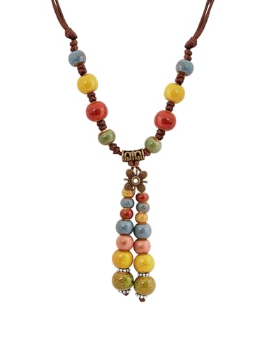 MINACHI Vintage Bohemian Colorful Ceramic Bead Antique Flower Y Necklace, Vintage Boho Hippie Statement Jewelry Gift for Women - color: S03