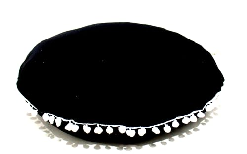 Round Mandala Floor Pillow Cover Seating Cushion Throw Cover Hippie Decorative Bohemian Ottoman Pouf Cover, Pom Pom Pillow Cases,Boho Indian (Black, 32" Round) - color: Black, size: 32"D x 4"W x 32"H