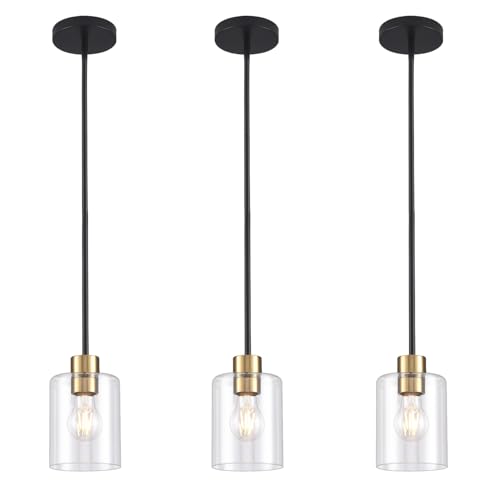 Modern 3 Pack Black Gold Pendant Lights for Kitchen Island, Brushed Brass Modern Hanging Light with Clear Glass Shade, Adjustable Metal Rod Pendant Lighting for Dining Room, Living Room, Bar, Entryway - color: Black+brass 3PK