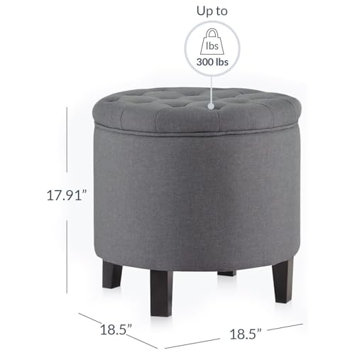BELLEZE Modern Tufted Accent Storage Ottoman, Small Upholstered Button Circle Pouf Footstool with Lift Top, for Bedroom Living Room Vanity - Gray - color: Grey