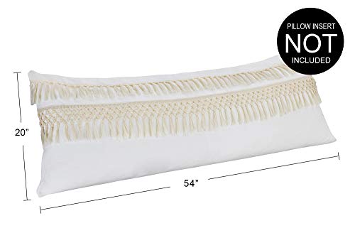 Boho Bohemian Macrame Tassel Ivory accent decorative couch long throw zipper body pillow cover case 54x20 Off White Cream Beige Cotton Fringe Knit Luxury Farmhouse Textured Rustic Tufted Room Decor - color: Ivory Fringe
