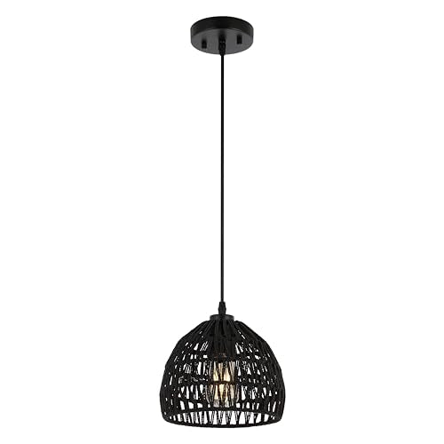 JONATHAN Y 8.25" Black Modern Bohemian Woven Rope LED Pendant Light Fixture, Adjustable Dome Ceiling Lamp for Kitchen Island, Rope Shade, Coastal Farmhouse Decor (JYL6512B) - color: Black, size: 8.25"