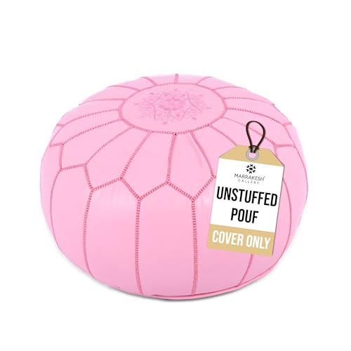 Marrakesh Gallery Genuine Leather Round Pouf Unstuffed - Moroccan Ottoman Footstool, Footrest Cover - Boho Decor - Bohemian Living Room, Bedroom, Kids Room, Gift & Wedding - color: Pink
