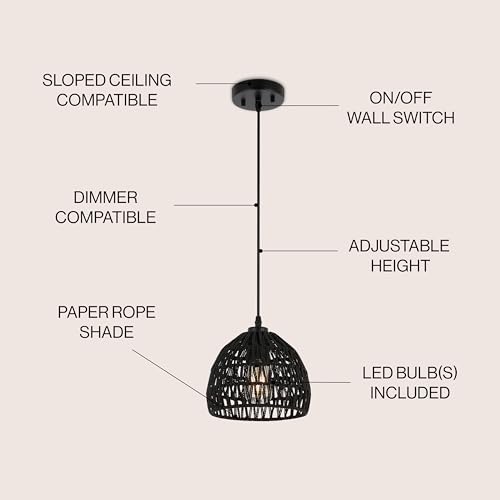 JONATHAN Y 8.25" Black Modern Bohemian Woven Rope LED Pendant Light Fixture, Adjustable Dome Ceiling Lamp for Kitchen Island, Rope Shade, Coastal Farmhouse Decor (JYL6512B) - color: Black, size: 8.25"