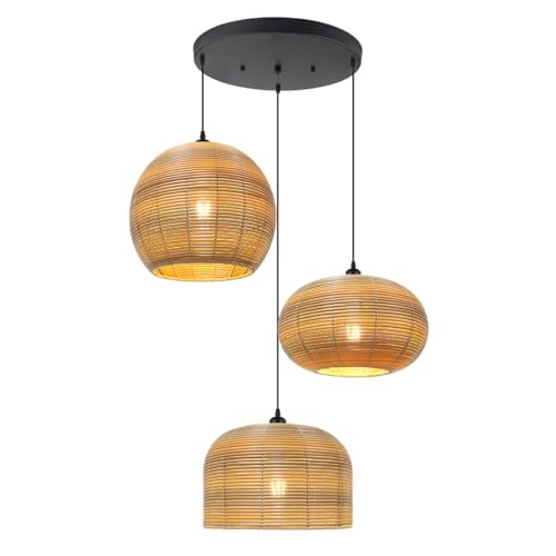 3-Light Chandelier Vintage Rattan Pendant Light Fixtures Hand Woven Boho Rattan Light Fixtures Ceiling Hanging, Farmhouse Chandelier for Dining Room Kitchen Island Bedroom - color: Large Rattan, 3-Light