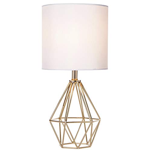 Gold Modern Hollow Out Base Bedroom Small Table Lamp,Bedside Nightstand Lamp with Geometric Metal Base White Fabric Shade,Cute Desk Lamp for Kids Living Room - color: Gold