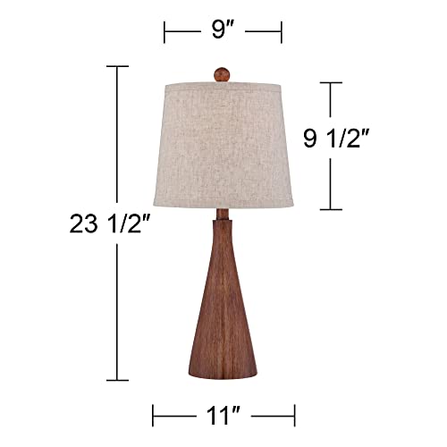 360 Lighting Fraiser 23 1/2" High Cone Small Mid Century Modern Accent Table Lamps Set of 2 Brown Wood Finish Cottage Core Living Room Bedroom Bedside Nightstand House Office Home Oatmeal Shade