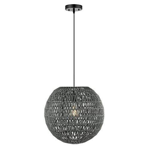 JONATHAN Y 16" Grey/Black Modern Bohemian Woven LED Pendant Light, Adjustable Hanging Ceiling Lamp for Kitchen Island Dining Room, Paper Wicker Shade, Bulb Included (JYL6503D) - color: Gray