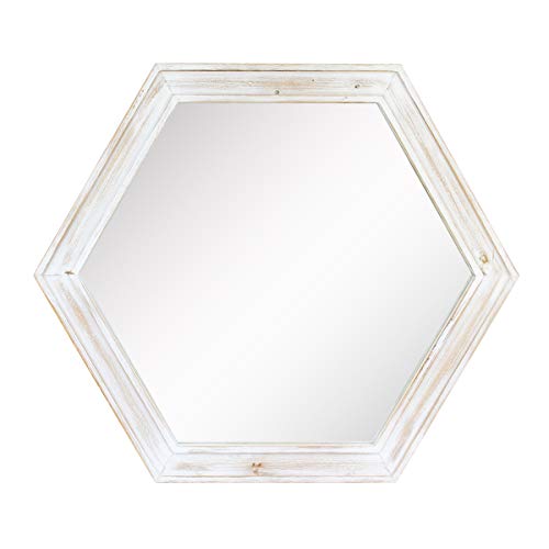 Stonebriar Decorative 24" Hexagon Wall Mirror with Worn White Wood Frame and Attached Hanging Bracket, Decorative Country Rustic Decor for the Living Room, Bedroom, Bathroom, Hallway, and Entryway - color: White