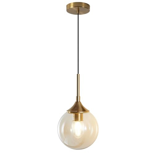 KCO Lighting Mid Century Modern Pendant Chandelier Amber Glass Hanging Lamp Gold Globe Pendant Lights Kitchen Island Brushed Brass Pendant Light Large Kitchen Pendant Lighting Over Island - color: Amber