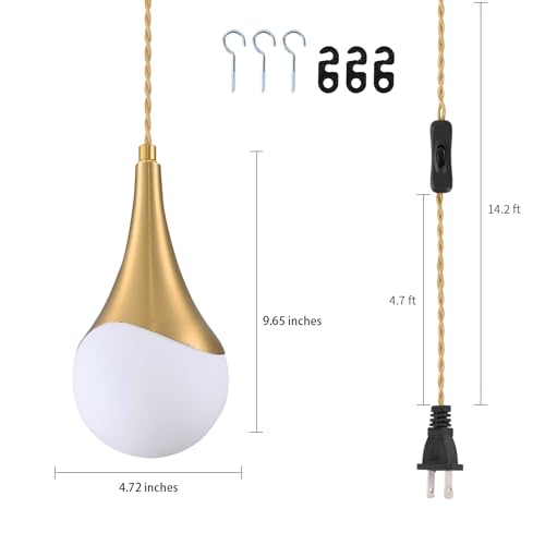 MWZ Gold Plug in Pendant Light,Hanging Lights with Plug in Cord On/Off Switch, Mini Brass Pendant Lights for Kitchen Island,1-Light Modern Raindrop Chandelier Lamps with Milky White Globe Glass Shade - color: Gold+White, size: 1 Pack-Plug in