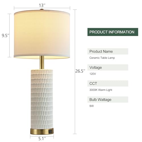 Reaketon 26.5" Ceramic Table Lamps Set of 2, 3 Way Dimmable Touch Control Table Lamps for Living Room, Modern Lamps for Nightstand, Gold - color: White Shade & Gold Base