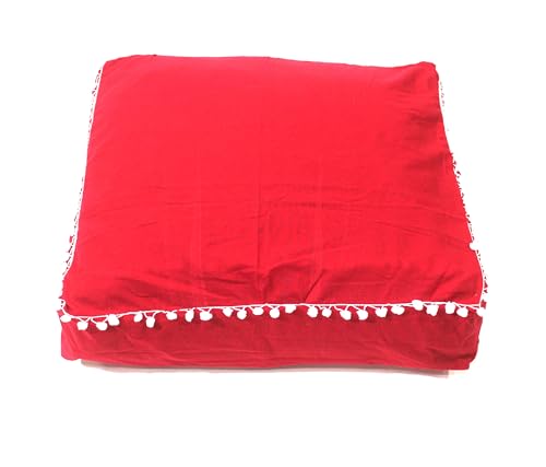 Round Mandala Floor Pillow Cover Seating Cushion Throw Cover Hippie Decorative Bohemian Ottoman Pouf Cover, Pom Pom Pillow Cases,Boho Indian (Red, 18" Square) - color: Red, size: 18"D x 5"W x 18"H
