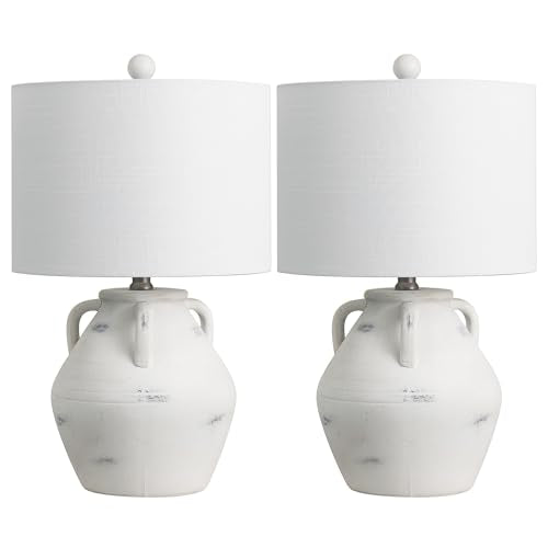 JONATHAN Y 20.5" White Ceramic Pottery Jar Table Lamp Set of 2 for Bedroom Living Room, Rustic Coastal French Country Cottage Style, White Linen Shade, LED Bulbs Included JYL5502A-SET2