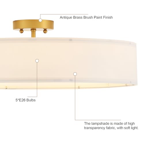VILUXY Gold Semi-Flush Mount Ceiling Light Fixture with 24" Large White Fabric Drum Shade 5-Light for Bedroom Dining Room Entryway Round Ceiling Lamps - color: White