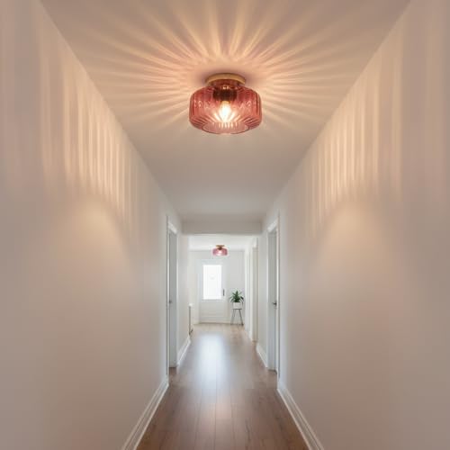 8.66" Low-Profile Purple Glass Flush Mount Ceiling Light, Gold Metal 1-Light Fixture, Easy Install Semi-Flush Lamp for Small Bedrooms, Bathrooms, Closets - color: Small, 8.66" Purple