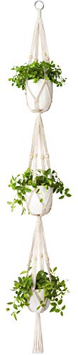 Mkono Macrame Plant Hanger 3 Tier Indoor Outdoor Hanging Planter Basket Cotton Rope with Beads 70 Inches (Pots and Plants NOT Included)