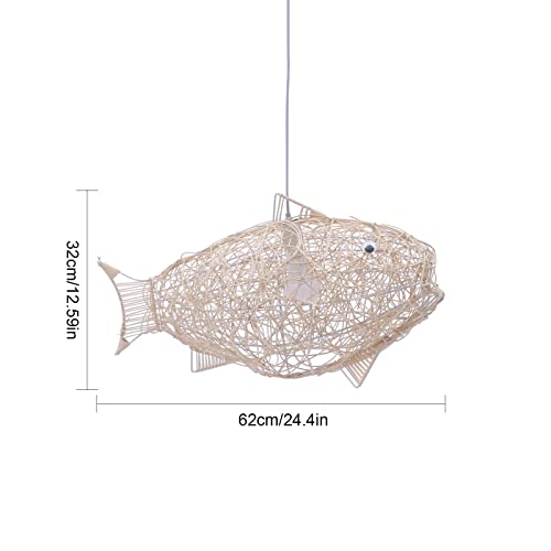 Hand-Woven Bamboo Pendant Light, Lantern Lamp Rattan Single Light Weaving Natural Wooden Ceiling Hanging Fixture with Adjustable Cord for Kitchen Dining Living Room Restaurant Farmhouse (Fish Style) - color: Fish Style