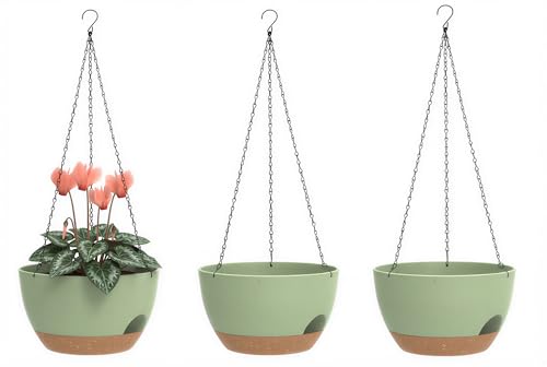 Hanging Planters 3-Pack, 8 Inch Self-Watering Hanging Pots with Drainage Hole and Chains, Plastic Planters for Indoor Outdoor（Green Brown） - color: Green Brown, size: 8 inches