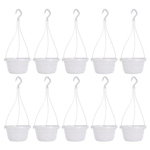 DOITOOL 10 Sets Hanging Planter Basket with Drainage Hole Round Flower Plant Pot Fence Railing Wall Planter for Ferns Ivy Crawling Plants Indoor Outdoor White - color: White