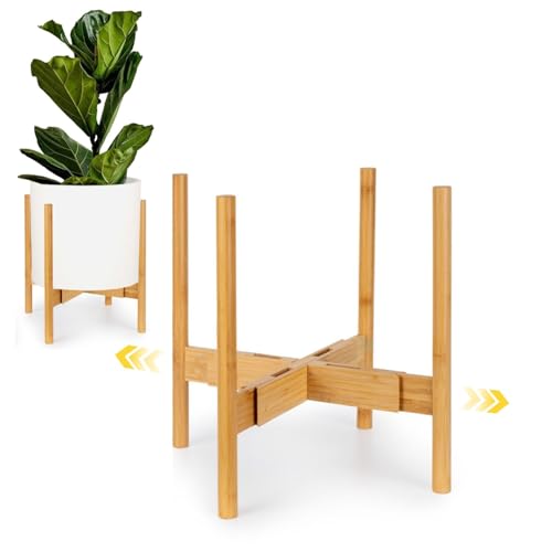 Fox & Fern Large Adjustable Plant Stand Indoor — 11 to 15 Inch Premium Mid Century Bamboo Plant Stand; Plug In Design; Easy Assembly; Two Heights - For 11, 12, 13, 14 & 15 Inch Pots (Not Included) - color: Bamboo, size: 11 - 15 Inch - Adjustable