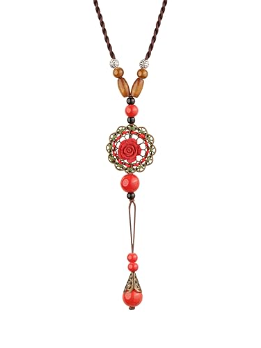 MINACHI Vintage Bohemian Colorful Ceramic Bead Antique Flower Y Necklace, Vintage Boho Hippie Statement Jewelry Gift for Women - color: S07B