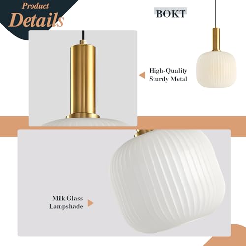 BOKT Pendant Lights Kitchen Island Brass Modern Gold Pendant Light Fixtures 7.9" Vintage Adjustable Height Hanging Lamp with Milk White Glass Shade for Entryway Dining Room Hallway - color: Milk White