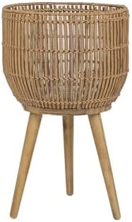 13" Round Rattan Planter with Wooden Stand, Natural Woven Rattan Planter, Rustic Boho Indoor & Outdoor Woven Flower Pot for Home and Garden Decor